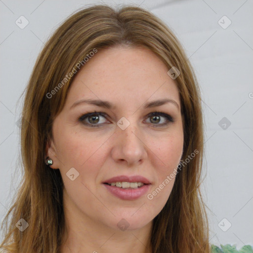 Joyful white young-adult female with long  brown hair and green eyes