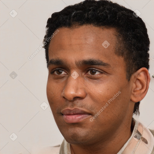 Neutral latino young-adult male with short  black hair and brown eyes