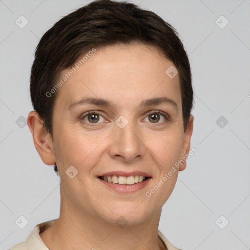 Joyful white young-adult female with short  brown hair and brown eyes