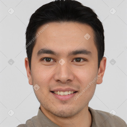 Joyful white young-adult male with short  black hair and brown eyes