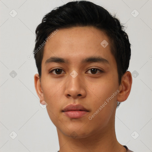 Neutral latino young-adult male with short  black hair and brown eyes