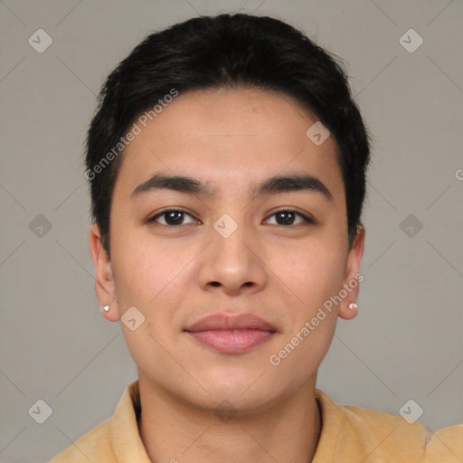 Joyful asian young-adult male with short  brown hair and brown eyes