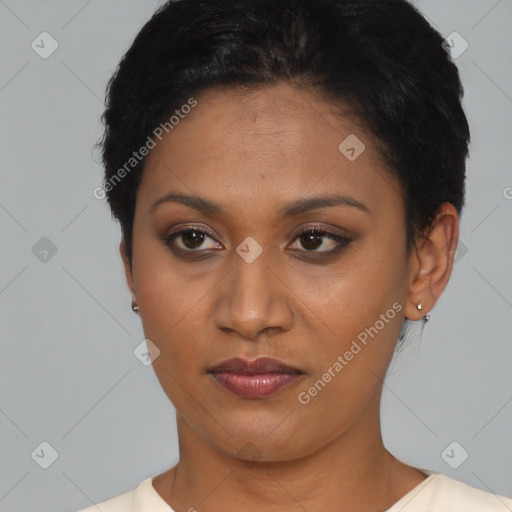 Neutral asian young-adult female with short  black hair and brown eyes