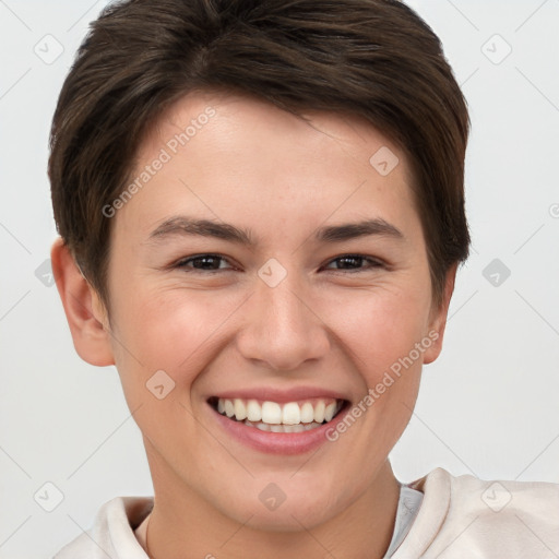 Joyful white young-adult female with short  brown hair and brown eyes