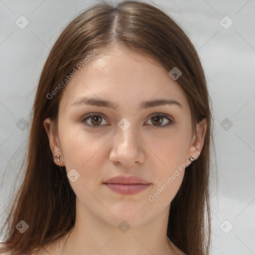 Neutral white young-adult female with long  brown hair and brown eyes