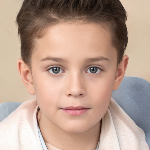 Joyful white child female with short  brown hair and brown eyes