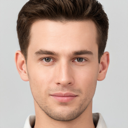 Neutral white young-adult male with short  brown hair and brown eyes