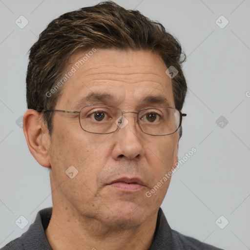 Neutral white middle-aged male with short  brown hair and brown eyes