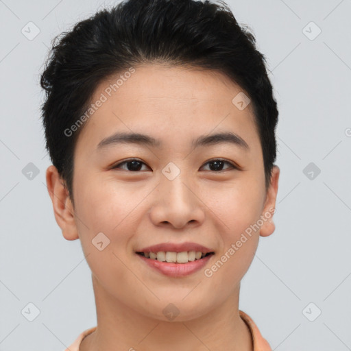 Joyful asian young-adult female with short  brown hair and brown eyes