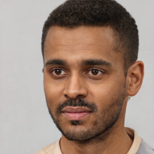 Joyful black young-adult male with short  black hair and brown eyes