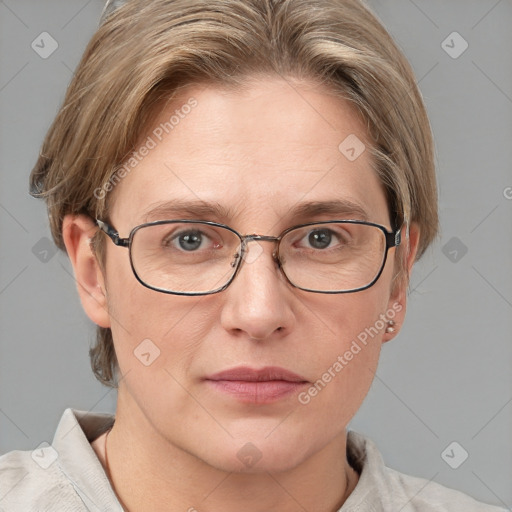 Joyful white adult female with short  brown hair and blue eyes