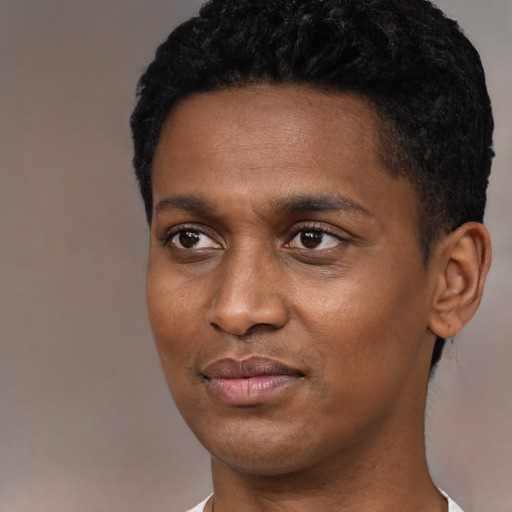 Joyful black young-adult male with short  black hair and brown eyes