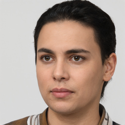 Neutral white young-adult male with medium  black hair and brown eyes