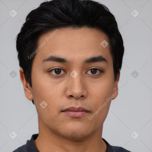 Neutral latino young-adult male with short  black hair and brown eyes
