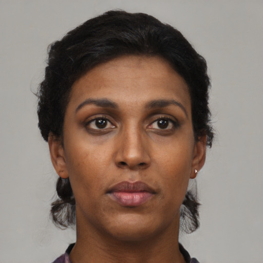Neutral black young-adult female with short  black hair and brown eyes