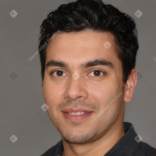 Joyful white young-adult male with short  black hair and brown eyes