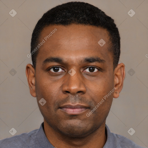 Neutral black young-adult male with short  black hair and brown eyes