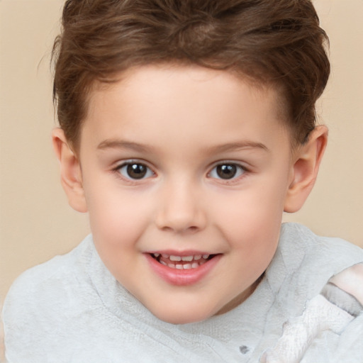 Joyful white child female with short  brown hair and brown eyes