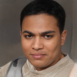Joyful latino young-adult male with short  brown hair and brown eyes