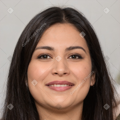 Joyful white young-adult female with long  brown hair and brown eyes