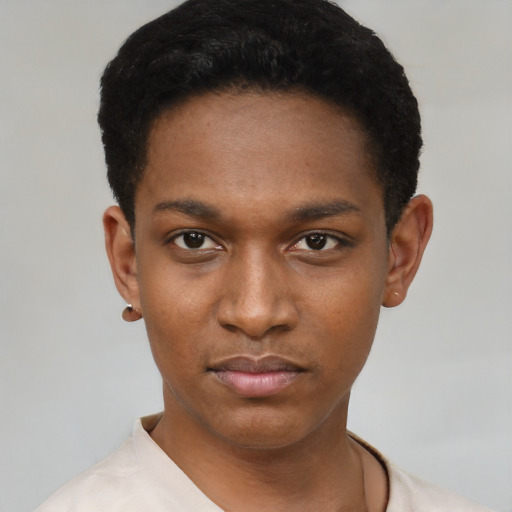 Neutral black young-adult male with short  black hair and brown eyes