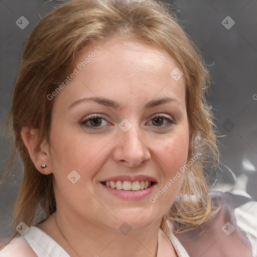 Joyful white young-adult female with medium  brown hair and blue eyes