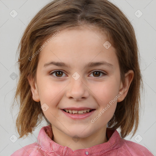 Joyful white child female with medium  brown hair and brown eyes