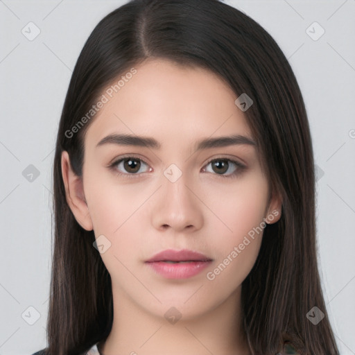 Neutral white young-adult female with long  brown hair and brown eyes