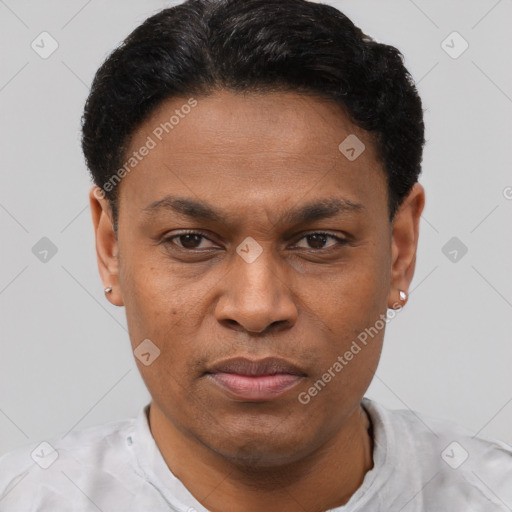 Joyful latino young-adult male with short  brown hair and brown eyes