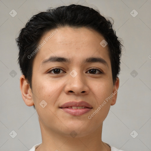 Joyful asian young-adult female with short  brown hair and brown eyes