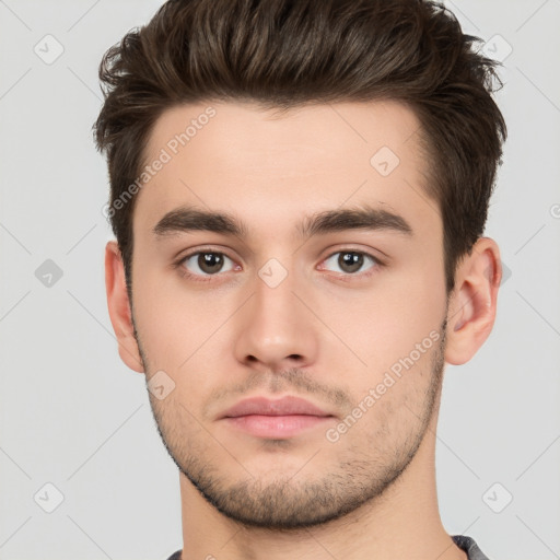 Neutral white young-adult male with short  brown hair and brown eyes