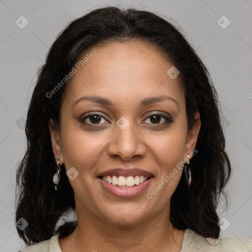 Joyful latino young-adult female with medium  brown hair and brown eyes