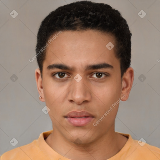 Neutral latino young-adult male with short  brown hair and brown eyes