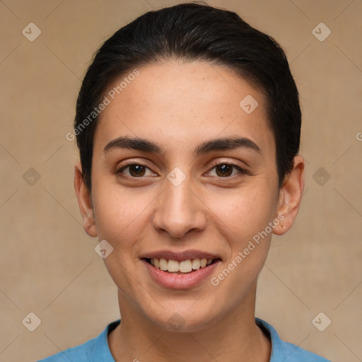 Joyful white young-adult female with short  brown hair and brown eyes