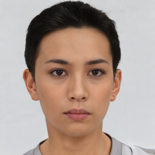 Neutral asian young-adult female with short  black hair and brown eyes