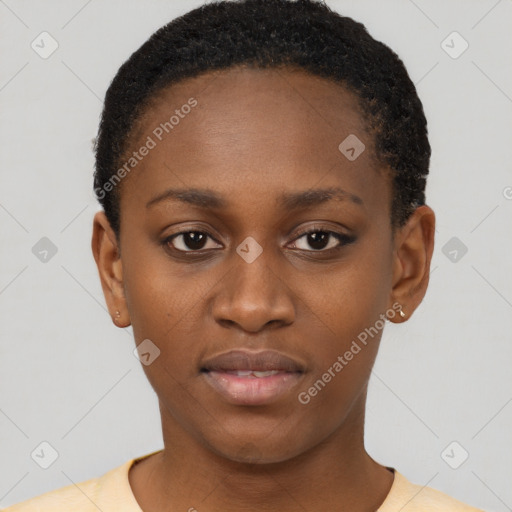 Neutral black young-adult female with short  brown hair and brown eyes