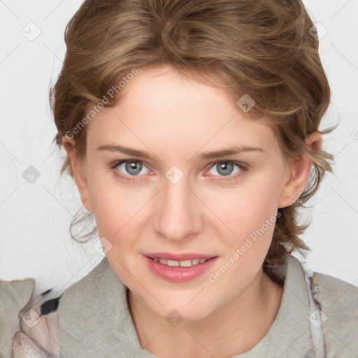 Joyful white young-adult female with medium  brown hair and blue eyes