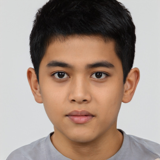 Neutral latino child male with short  black hair and brown eyes