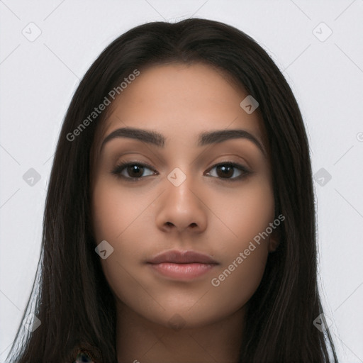 Neutral latino young-adult female with long  black hair and brown eyes