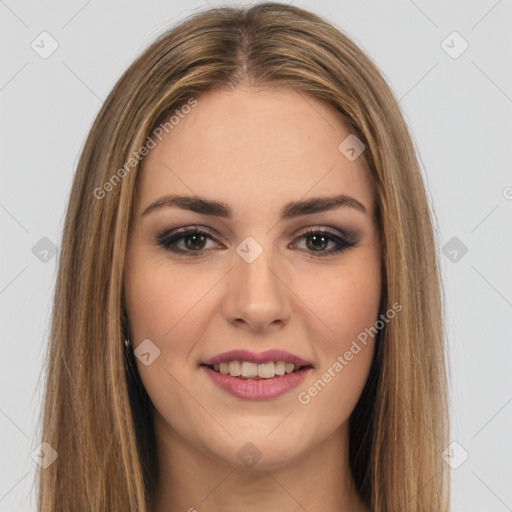 Joyful white young-adult female with long  brown hair and brown eyes