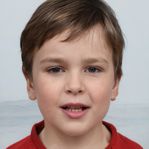 Joyful white child female with short  brown hair and grey eyes