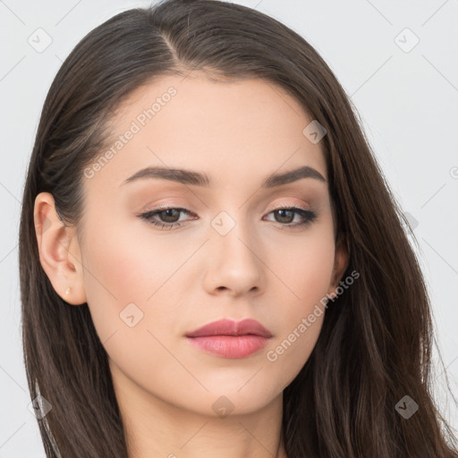 Neutral white young-adult female with long  brown hair and brown eyes