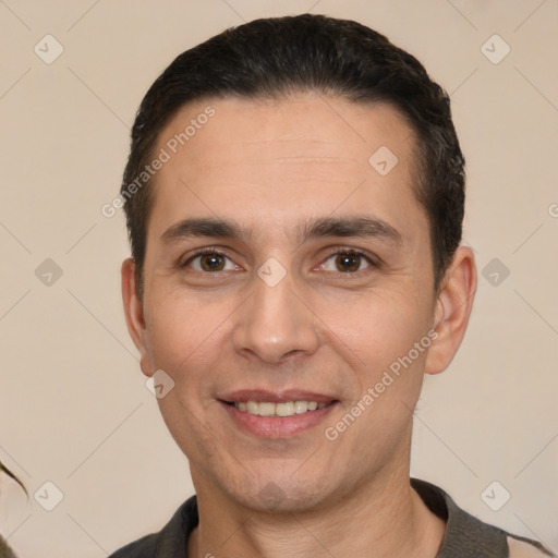 Joyful white young-adult male with short  brown hair and brown eyes