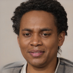 Joyful black adult male with short  black hair and brown eyes