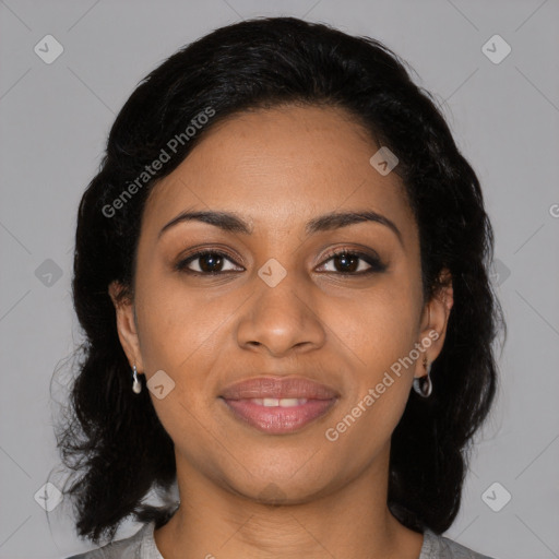 Joyful black young-adult female with medium  black hair and brown eyes