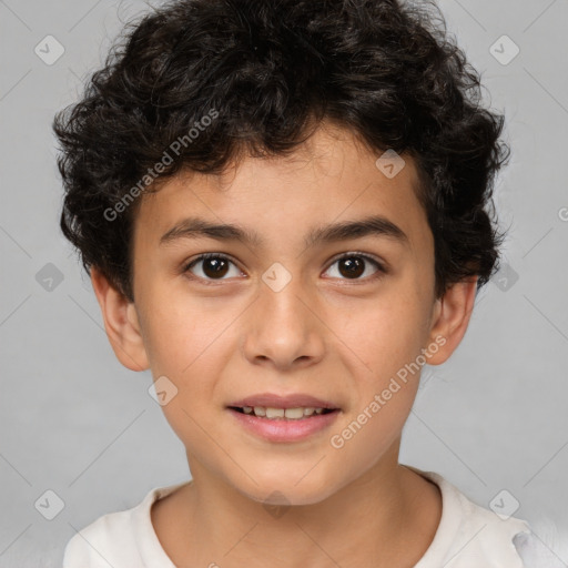 Joyful white child male with short  brown hair and brown eyes