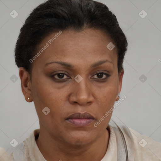Neutral black young-adult female with short  brown hair and brown eyes