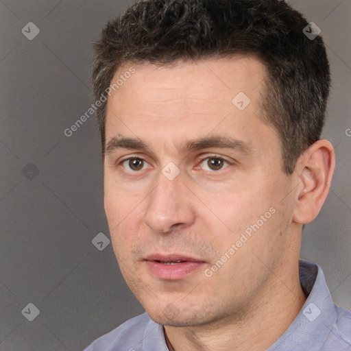 Neutral white adult male with short  brown hair and brown eyes