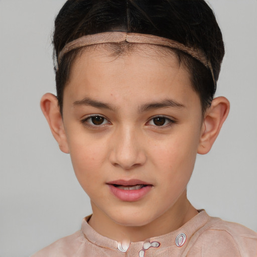 Joyful white child female with short  brown hair and brown eyes