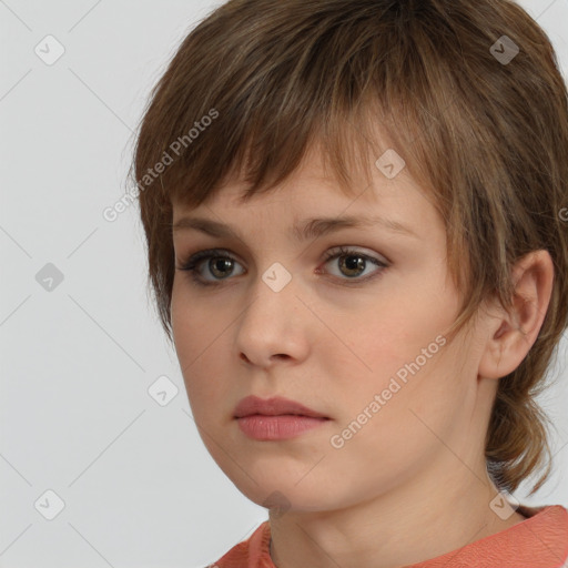 Neutral white young-adult female with medium  brown hair and brown eyes